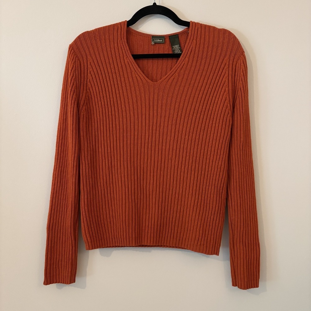 VTG LL Bean 100% Merino Wool Rib Knit Sweater Orange Sz S Granola Gorpcore Layer